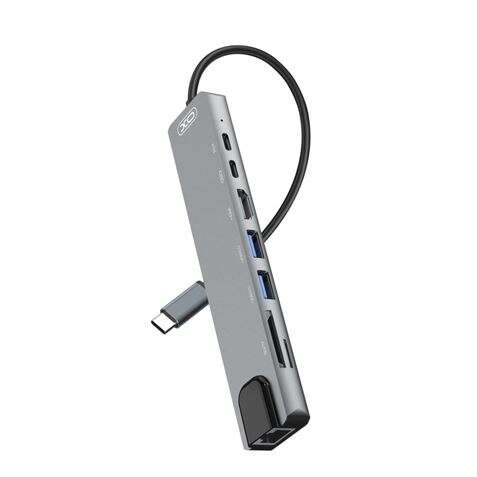 XO adapter HUB HUB003 8in1 silver  VGA/USB-C/ Power Delivery/HDMI/USB 3.0/RJ45