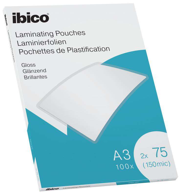 Boîte de 100 feuilles de plastification brillantes Ibico A3 75 microns - Finition cristalline haute brillance - Couleur transparente