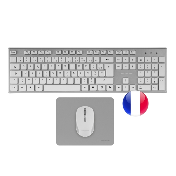 Pack Tacens Zenith sans fil avec clavier, souris et tapis de souris - AZERTY FR - Touches silencieuses et discrètes - Capteur 3200 dpi - Connexion double liaison 2,4 GHz - Switches HUANO - Blanc